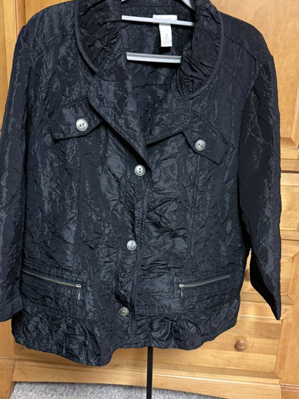 Chico's Black Jacket Crinkle Midi Sleeve Peplum Career Workwear - Sz XL